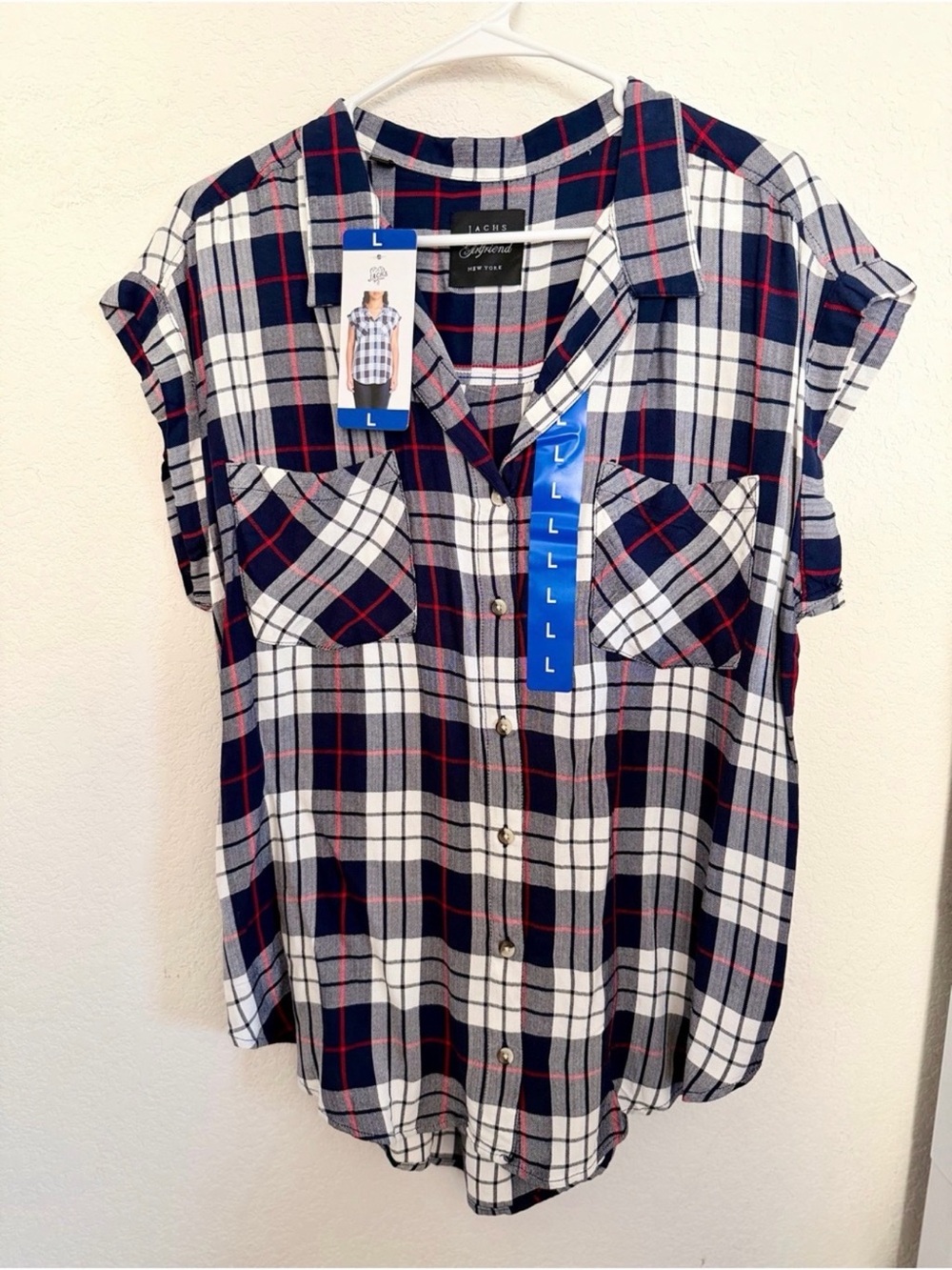 Jachs Navy White Red Plaid Button-Front Roll-Sleeve Shirt